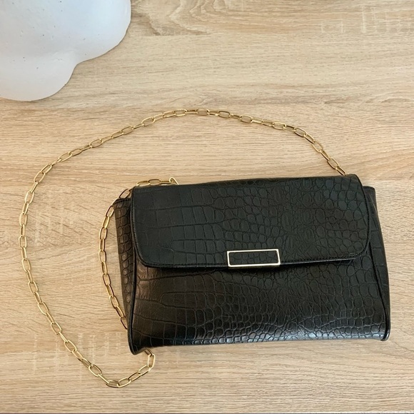 NWOT F21 Black Croc Leather Chain Shoulder Bag - Picture 1 of 9